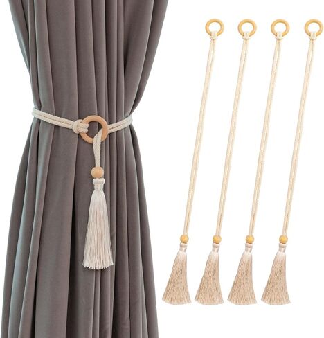 Curtain Tiebacks Holders Cotton Curtain Ties for Drapes Decoration Wooden Rope Curtain Holdbacks Boho,Beige 2pack in Saudi Arabia