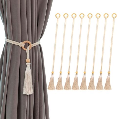 Curtain Tiebacks Holders Cotton Curtain Ties for Drapes Decoration Wooden Rope Curtain Holdbacks Boho,Beige 2pack in Saudi Arabia