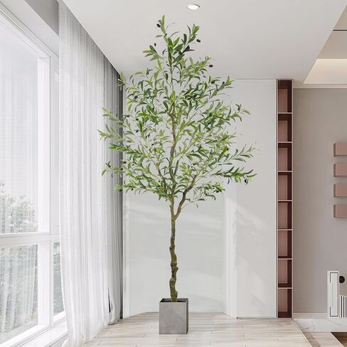 Faux Olive Tree 7.5ft Artificial Olive Silk Plant Realistic Olive Tree Branches Lifelike Leaves Fruit Large Fake Potted with White Planter for Housewarming Living Room Modern Indoor Outdoor Decoration in Saudi Arabia