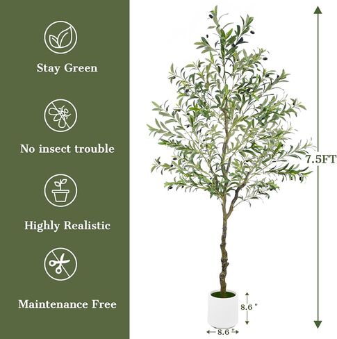 Faux Olive Tree 7.5ft Artificial Olive Silk Plant Realistic Olive Tree Branches Lifelike Leaves Fruit Large Fake Potted with White Planter for Housewarming Living Room Modern Indoor Outdoor Decoration in Saudi Arabia
