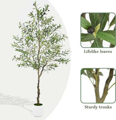Faux Olive Tree 7.5ft Artificial Olive Silk Plant Realistic Olive Tree Branches Lifelike Leaves Fruit Large Fake Potted with White Planter for Housewarming Living Room Modern Indoor Outdoor Decoration in Saudi Arabia