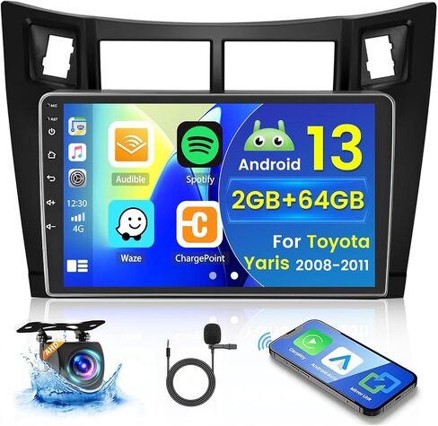 Hikity Android Car Stereo for Toyota Yaris 2008-2011 Radio 2+64GB 9 Inch Touchscreen Car Radio Wireless Carplay Android Auto Support GPS Navigation WiFi Bluetooth FM EQ Backup Camera in Kuwait