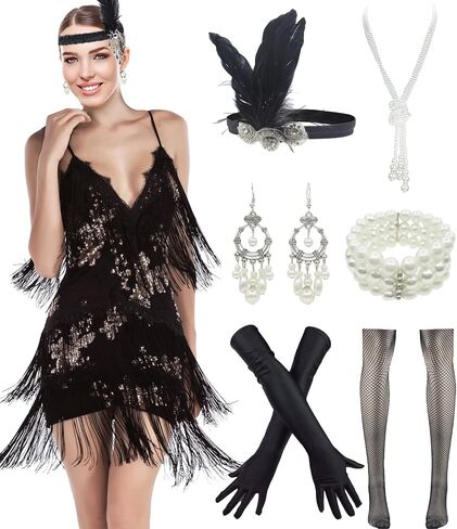 1920s Flapper Long Fringe Gatsby Roaring 20s Sequins Beaded Dress Vintage Art Deco Dress with 20s Accessories Set in Kuwait