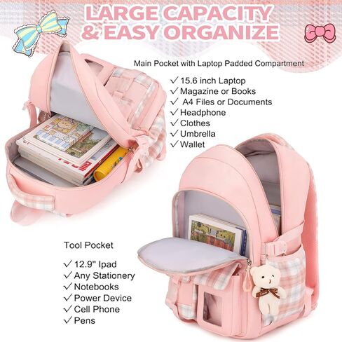 Girls School Backpack,3PCS Bookbag Cute 18Inch Bag College Middle High Elementary with Lunch Box & Pencil case (Purple Set) in Saudi Arabia