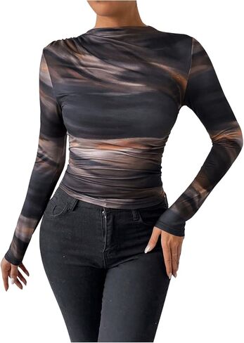 Floerns Women's Tie Dye Long Sleeve T Shirts Ruched Mock Neck Knitted Tee Tops in Saudi Arabia