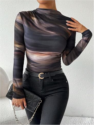 Floerns Women's Tie Dye Long Sleeve T Shirts Ruched Mock Neck Knitted Tee Tops in Saudi Arabia