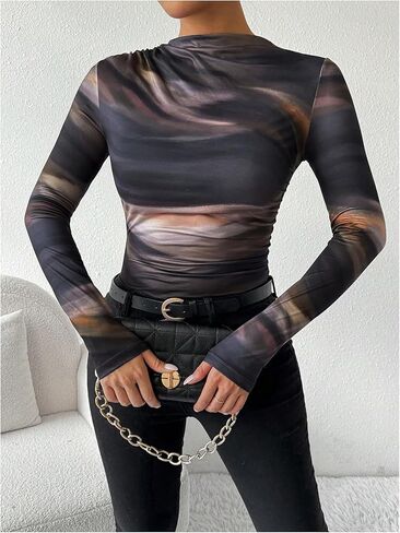 Floerns Women's Tie Dye Long Sleeve T Shirts Ruched Mock Neck Knitted Tee Tops in Saudi Arabia