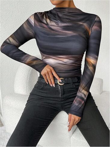 Floerns Women's Tie Dye Long Sleeve T Shirts Ruched Mock Neck Knitted Tee Tops in Saudi Arabia