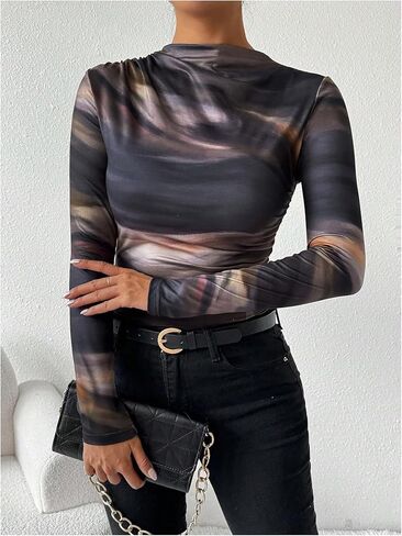 Floerns Women's Tie Dye Long Sleeve T Shirts Ruched Mock Neck Knitted Tee Tops in Saudi Arabia
