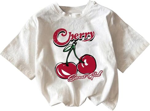 Women's Cherry Print Tee Shirt Short Sleeve Crew Neck Drop Shoulder Vintage Tee Tops in Kuwait