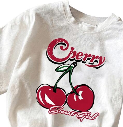 Women's Cherry Print Tee Shirt Short Sleeve Crew Neck Drop Shoulder Vintage Tee Tops in Kuwait