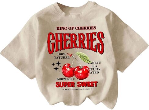 Women's Cherry Print Tee Shirt Short Sleeve Crew Neck Drop Shoulder Vintage Tee Tops in Kuwait