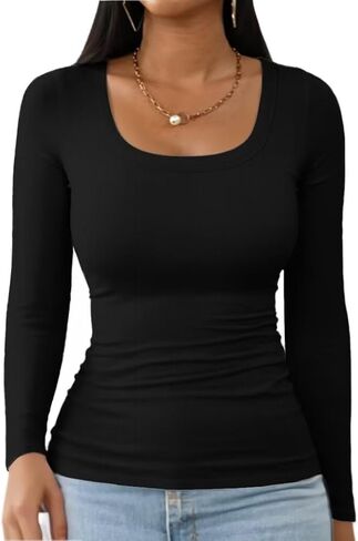 Womens Square Neck T Shirts Long Sleeve Tops Fall Clothes Ribbed Knit Slim Fitted Shirts Casual Basic Tees in Kuwait