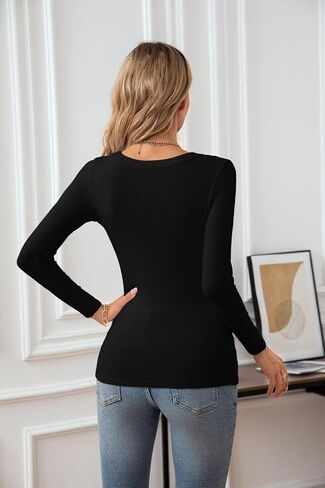 Womens Square Neck T Shirts Long Sleeve Tops Fall Clothes Ribbed Knit Slim Fitted Shirts Casual Basic Tees in Kuwait