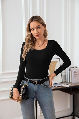 Womens Square Neck T Shirts Long Sleeve Tops Fall Clothes Ribbed Knit Slim Fitted Shirts Casual Basic Tees in Kuwait