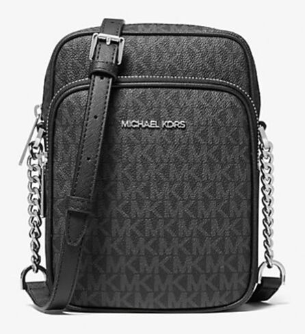 Michael Michael Kors Jet Set Travel Signature PVC Medium Logo Crossbody Flight Bag Bundle Dust Bag. (Black Signature PVC) in Kuwait