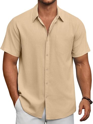 COOFANDY Men's Short Sleeve Button Down Shirts Summer Casual Textured Shirt Vacation Beach Wedding Shirts with Pocket in Saudi Arabia