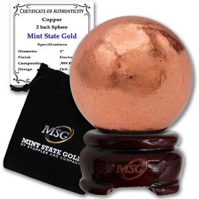 Copper Ball Paperweight with Wooden Base | 2" (50.8 mm - 1.29 lb) 99.9% Pure Solid Sphere with Certificate of Authenticity by Mint State Gold