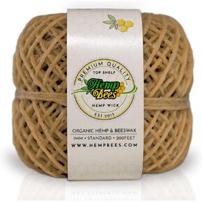 HempBees 100% Organic Hemp Wick with Natural Beeswax Coating, 200 FT Roll, Standard Size 1.0mm, Unbleached & Non Toxic, Slow, Long Lasting Burn