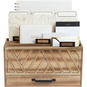 BLU MONACO White Wooden Mail Organizer - 6 Compartment Desk Organizer with Drawer - Modern Minimalist Style - Mail Sorter for Home or Office