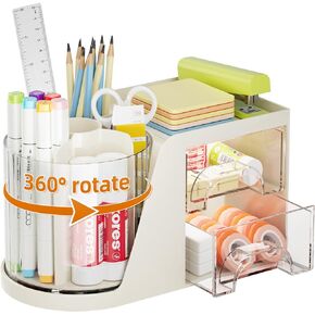 Marbrasse Desk Organizer with 2 Drawer, 360°Rotating Pen Holder for Desk, Desk Organizers and Accessories with 6 Slots Pencil Organizer + 2 Drawer, Art Supply Storage Box Caddy for Office (Beige)