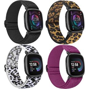 Elastic Bands Compatible for Fitbit Versa 4/Fitbit Sense 2 Straps/Fitbit Versa 3/Fitbit Sense Bands Men Women, 4 Pack Adjustable Breathable Stretchy Nylon Loop Sports Replacement Wristband