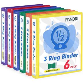 3 Ring Binder 0.5 Inch, PANDRI 6 Pack 1/2-Inch Binder Fits Letter Size 8.5'' x 11'' Paper, Versatile Binders for Office Home School, 2 Pockets, Assorted 6 Color