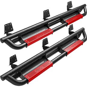 OEDRO 6 inch All Steel Running Boards Compatible with 2019-2025 Dodge Ram 1500 Crew Cab New Body, Bolt-on Side Steps with Paintable Step Plates, Powder Coated Black and High Gloss Red Nerf Bar