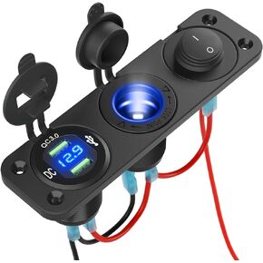 Kohree 12V Marine Boat Cigarette Lighter Socket, 3 in 1 Waterproof Car Dual QC3.0 USB Outlet Panel 12 Volt RV Power Socket LED Display Waterproof Charger Socket