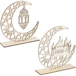 2 Pieces Wood Ramadan Decorations Islamic Eid Mubarak Kareem Table Sign Moon Hollow Star Ornament for Muslim Party Tabletop Decor Home Art Craft Decoration Golden Moon