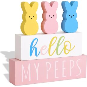Easter Decorations for the Home: 5pcs Easter Bunny Wooden Table Centerpiece Signs, Cute Easter Decor Peep Rabbits Wooden Block Set Table Décor Farmhouse Rustic Tiered Tray Décor Easter Gifts