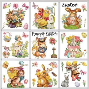 9 Sheet Vintage Easter Window Clings Vintage Easter Bunny Egg Window Decals Double-Sided Printed Easter Window Decor Vintage Happy Easter Window Stickers for Home School Easter Party Supplies