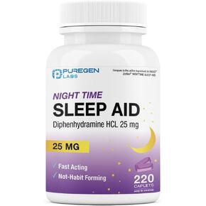 Puregen Labs Sleep Aid Caplets, Diphenhydramine HCl 25mg - 220 Count | Supports Deeper, Restful Sleeping, Non Habit-Forming | Made in USA