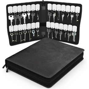 Portable Zippered Key Case, Leather Key Organizer, Key Binder with 28 Velcro Key Tags, Portable Manager & Landlord Key Book, Zipper Key Case for Real Estate sales, Hotels, Car Service (Brown)