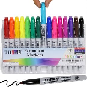 [15 Markers - 15 Colors] Think2 Bullet Tip Permanent Markers. (15 Assorted Colors) Works on Paper, Plastic, Stone, Metal and Glass. Waterproof, Nontoxic. And Low Odor. Great for Kids & Everyone
