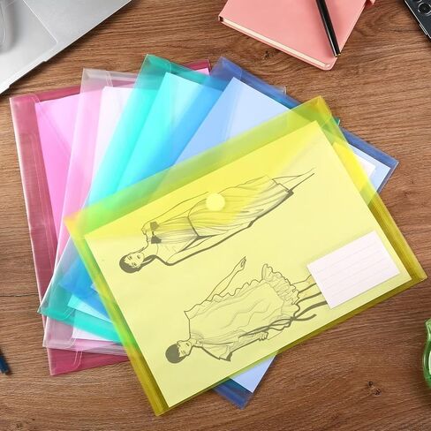 10 عبوات من الأظرف البلاستيكية، مظاريف بولي، مجلدات بلاستيكية للمستندات، مجلدات المستندات الشفافة، أظرف ملف بحجم A4 مع جيب ملصق لتنظيم مكتب العمل المنزلي، 5 ألوان in Kuwait