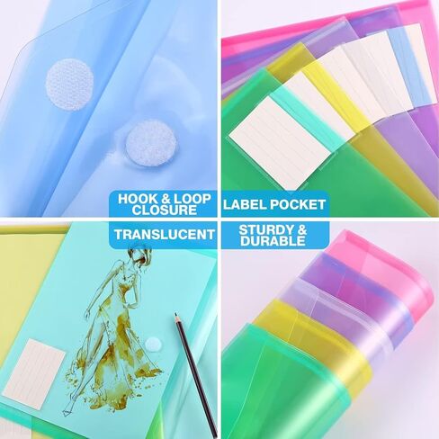 10 عبوات من الأظرف البلاستيكية، مظاريف بولي، مجلدات بلاستيكية للمستندات، مجلدات المستندات الشفافة، أظرف ملف بحجم A4 مع جيب ملصق لتنظيم مكتب العمل المنزلي، 5 ألوان in Kuwait