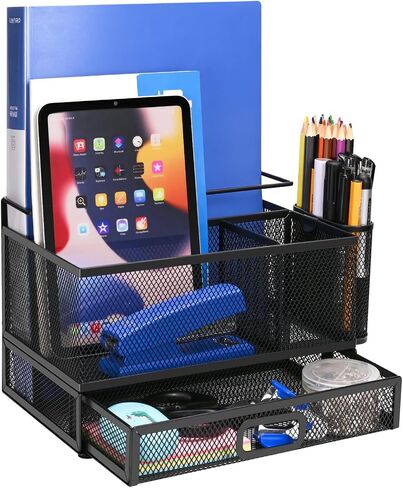 4-Tier Paper Letter Tray Organizer with File Holder, Desk Organizer with Drawer and Pen Holder, Mesh Desktop Storage with Magazine Holder for Office Supplies in Saudi Arabia