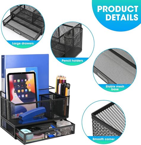 4-Tier Paper Letter Tray Organizer with File Holder, Desk Organizer with Drawer and Pen Holder, Mesh Desktop Storage with Magazine Holder for Office Supplies in Saudi Arabia