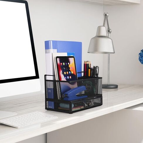 4-Tier Paper Letter Tray Organizer with File Holder, Desk Organizer with Drawer and Pen Holder, Mesh Desktop Storage with Magazine Holder for Office Supplies in Saudi Arabia