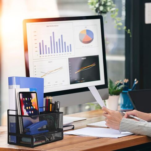 4-Tier Paper Letter Tray Organizer with File Holder, Desk Organizer with Drawer and Pen Holder, Mesh Desktop Storage with Magazine Holder for Office Supplies in Saudi Arabia