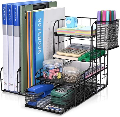 4-Tier Paper Letter Tray Organizer with File Holder, Desk Organizer with Drawer and Pen Holder, Mesh Desktop Storage with Magazine Holder for Office Supplies in Saudi Arabia