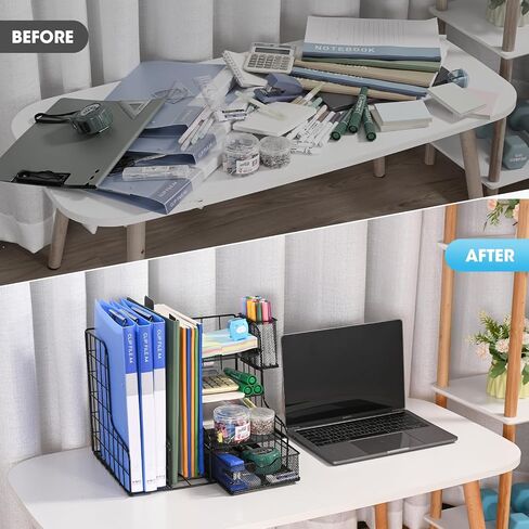 4-Tier Paper Letter Tray Organizer with File Holder, Desk Organizer with Drawer and Pen Holder, Mesh Desktop Storage with Magazine Holder for Office Supplies in Saudi Arabia
