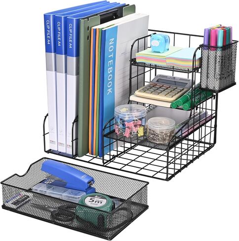 4-Tier Paper Letter Tray Organizer with File Holder, Desk Organizer with Drawer and Pen Holder, Mesh Desktop Storage with Magazine Holder for Office Supplies in Saudi Arabia