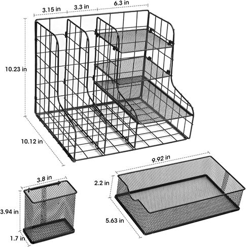 4-Tier Paper Letter Tray Organizer with File Holder, Desk Organizer with Drawer and Pen Holder, Mesh Desktop Storage with Magazine Holder for Office Supplies in Saudi Arabia