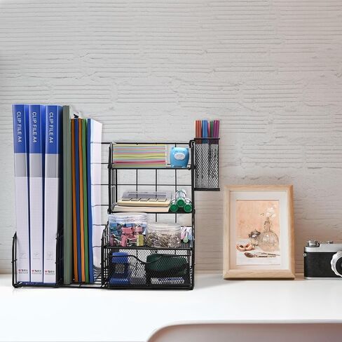 4-Tier Paper Letter Tray Organizer with File Holder, Desk Organizer with Drawer and Pen Holder, Mesh Desktop Storage with Magazine Holder for Office Supplies in Saudi Arabia
