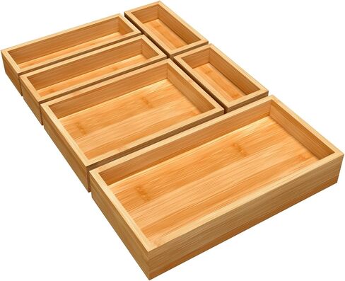 MaxGear Drawer Organizer 100% Bamboo Drawer Organizer Stackable 6-Pieces Wood Drawer Organizer, 18"x12"x2" Desk Drawer Organizer with Various Sizes for Office, Kitchen, Bedroom, Bathroom in Saudi Arabia