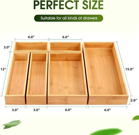 MaxGear Drawer Organizer 100% Bamboo Drawer Organizer Stackable 6-Pieces Wood Drawer Organizer, 18"x12"x2" Desk Drawer Organizer with Various Sizes for Office, Kitchen, Bedroom, Bathroom in Saudi Arabia