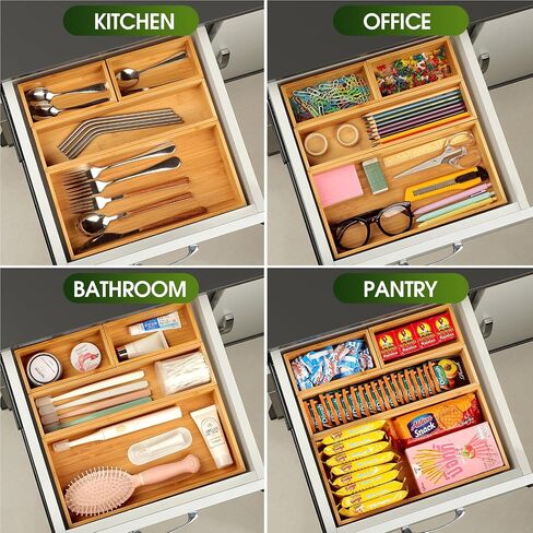 MaxGear Drawer Organizer 100% Bamboo Drawer Organizer Stackable 6-Pieces Wood Drawer Organizer, 18"x12"x2" Desk Drawer Organizer with Various Sizes for Office, Kitchen, Bedroom, Bathroom in Saudi Arabia