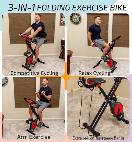 YYFITT 3-In-1 Exercise Bikes for Home | Folding Stationary Bike with Arm Workout Bands - 16 Levels Magnetic Resistance - Indoor Excersize Bike with Thick and Comfortable Seat, Hand Pulse and Phone/Tablet Holder in Saudi Arabia